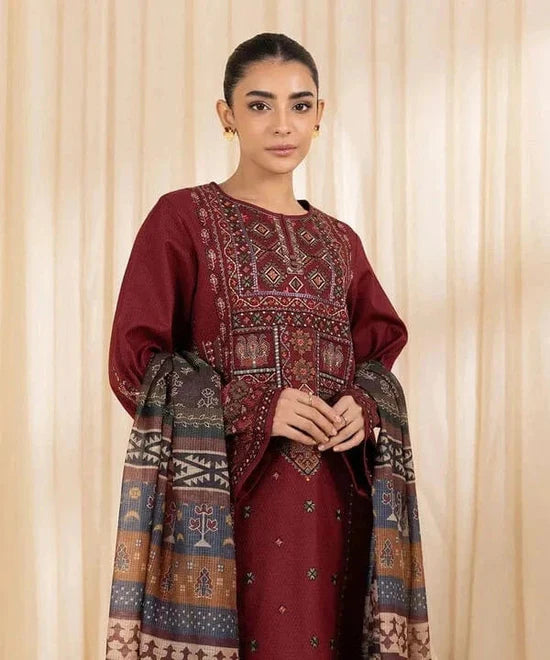 3PC DHANAK EMBROIDERED SHIRT WITH PRINTED WOOL SHAWL AND TROUSER SF017