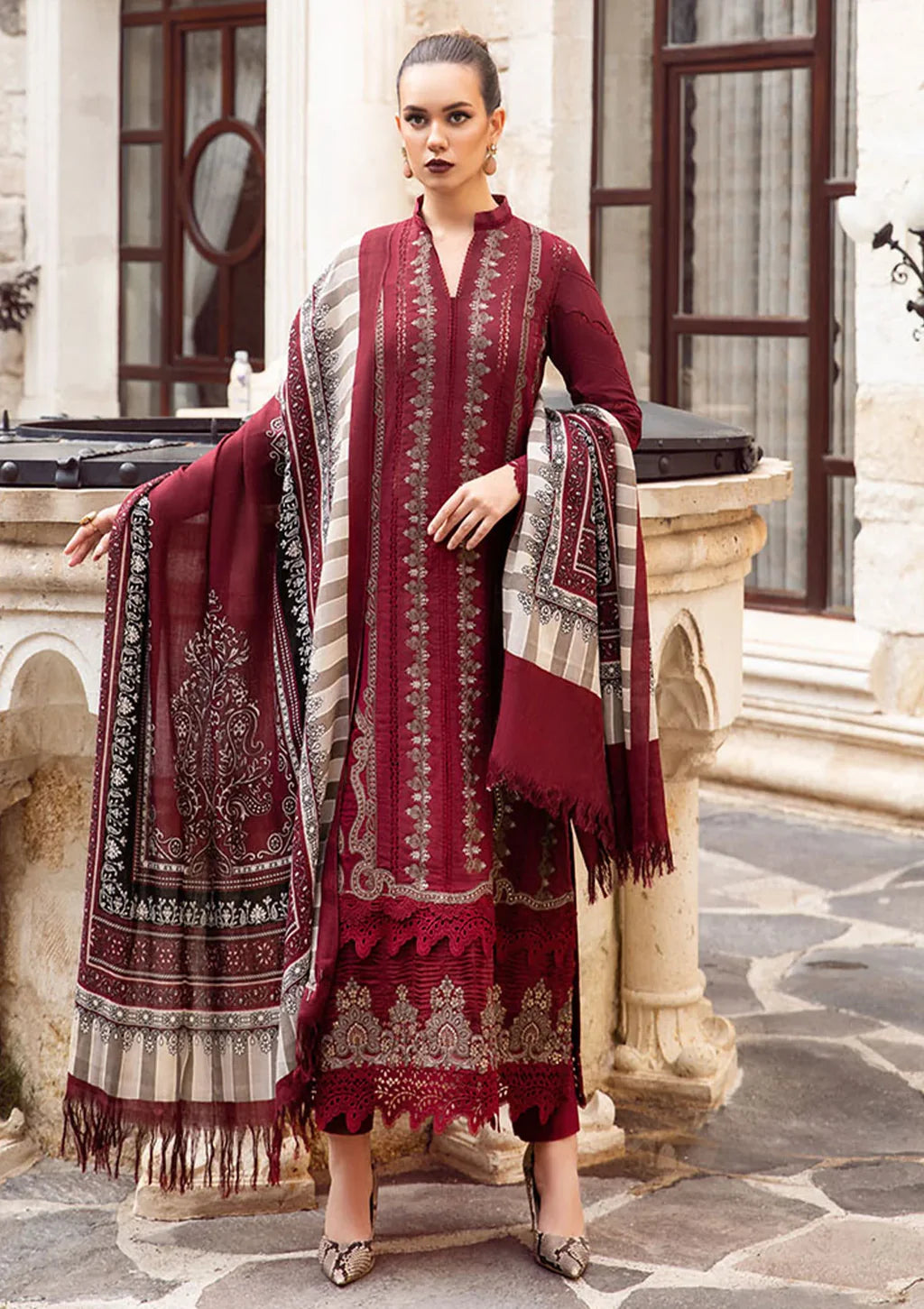 MARIA B - 3PC DHANAK EMBROIDERED SHIRT WITH WOOL PRINT SHAWL AND DHANAK TROUSER SF09