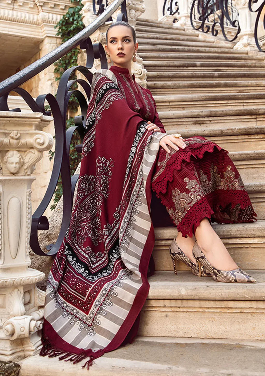 MARIA B - 3PC DHANAK EMBROIDERED SHIRT WITH WOOL PRINT SHAWL AND DHANAK TROUSER SF09