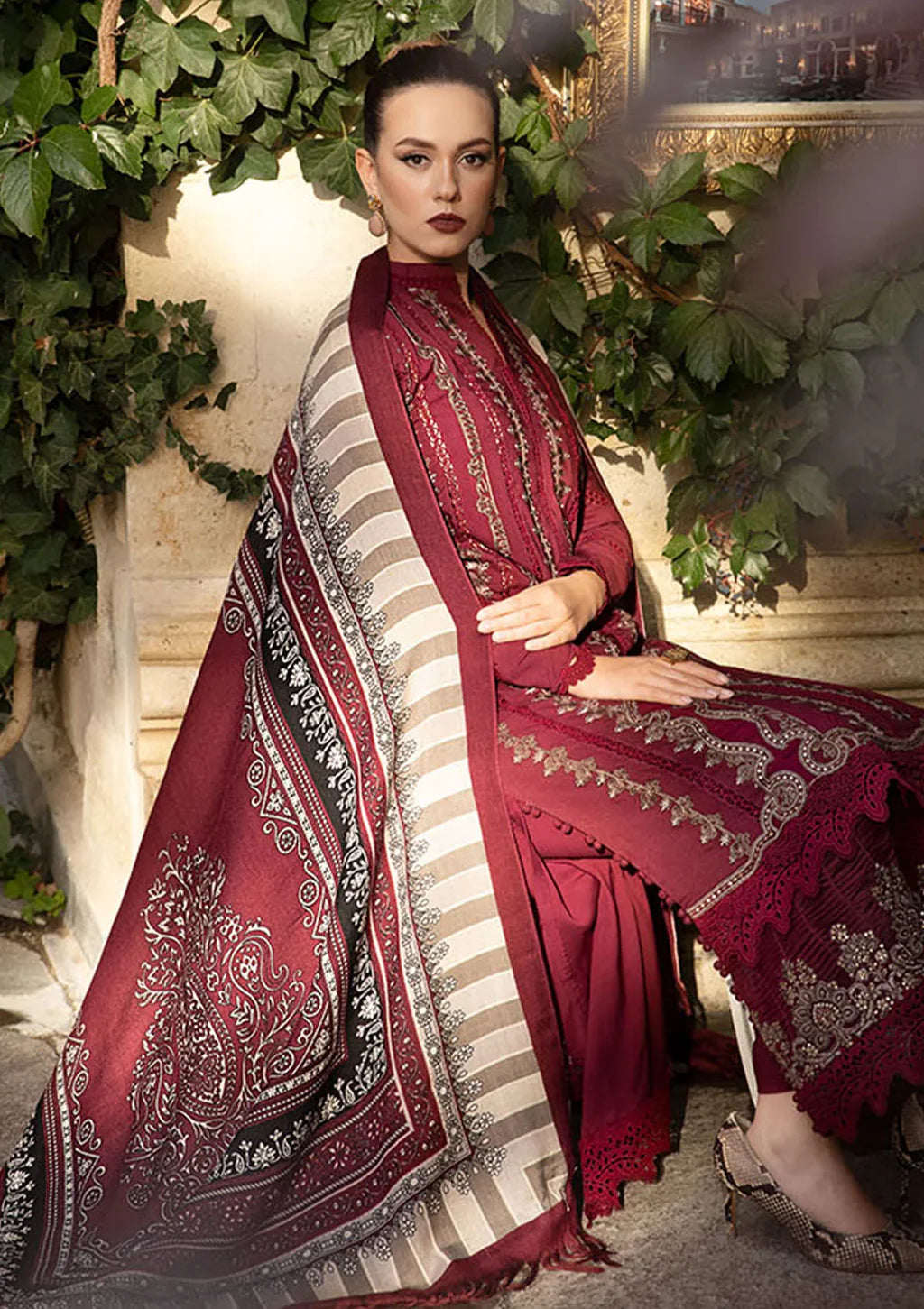 MARIA B - 3PC DHANAK EMBROIDERED SHIRT WITH WOOL PRINT SHAWL AND DHANAK TROUSER SF09