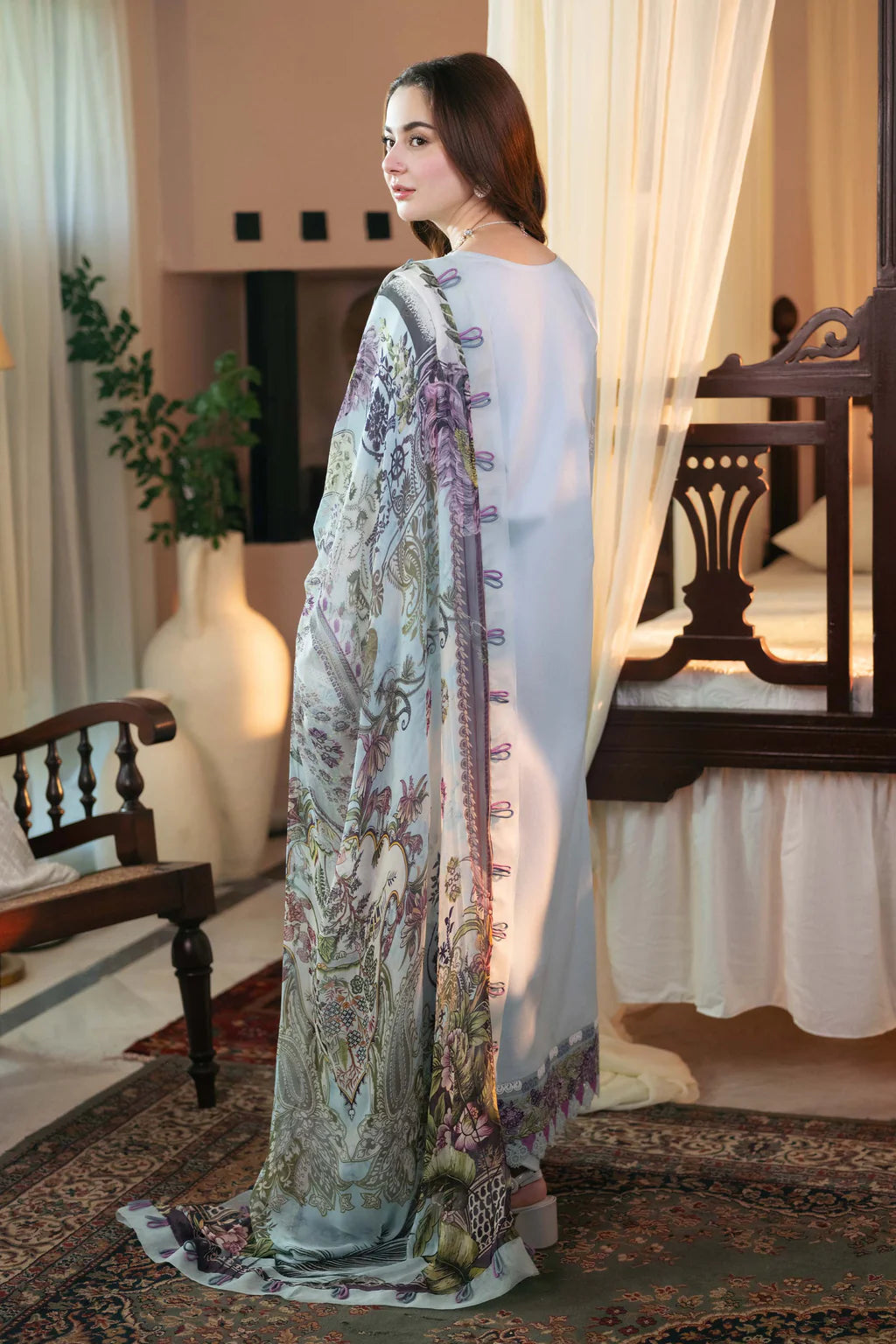 QALAMQAR-3PC DHANAK EMBROIDERED SHIRT WITH COURTRAI PRINTED SHAWL AND TROUSER