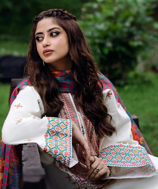3PC DHANAK EMBROIDERED SHIRT WITH PRINTED WOOL SHAWL AND TROUSER SF08