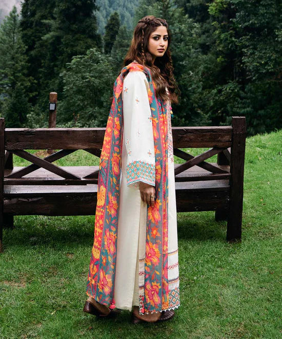 3PC DHANAK EMBROIDERED SHIRT WITH PRINTED WOOL SHAWL AND TROUSER SF08