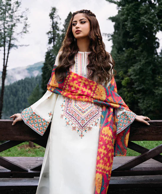 3PC DHANAK EMBROIDERED SHIRT WITH PRINTED WOOL SHAWL AND TROUSER SF08