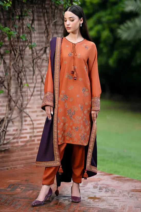 3PC DHANAK EMBROIDERED SHIRT WITH WOOL PRINT SHAWL AND TROUSER sf015