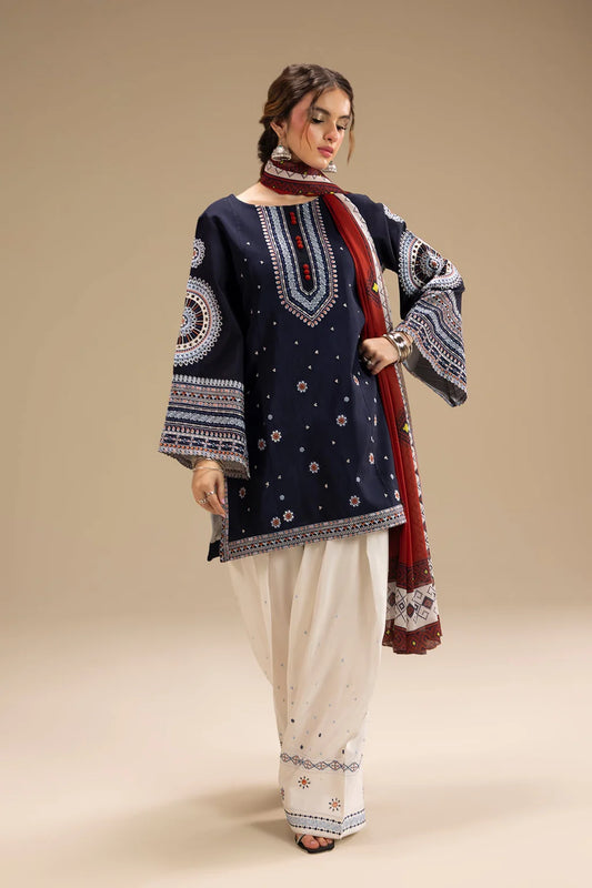 JAZMIN-3PC DHANAK EMBROIDERED SHIRT WITH WOOL PRINTED SHAWL AND EMB TROUSER SF011