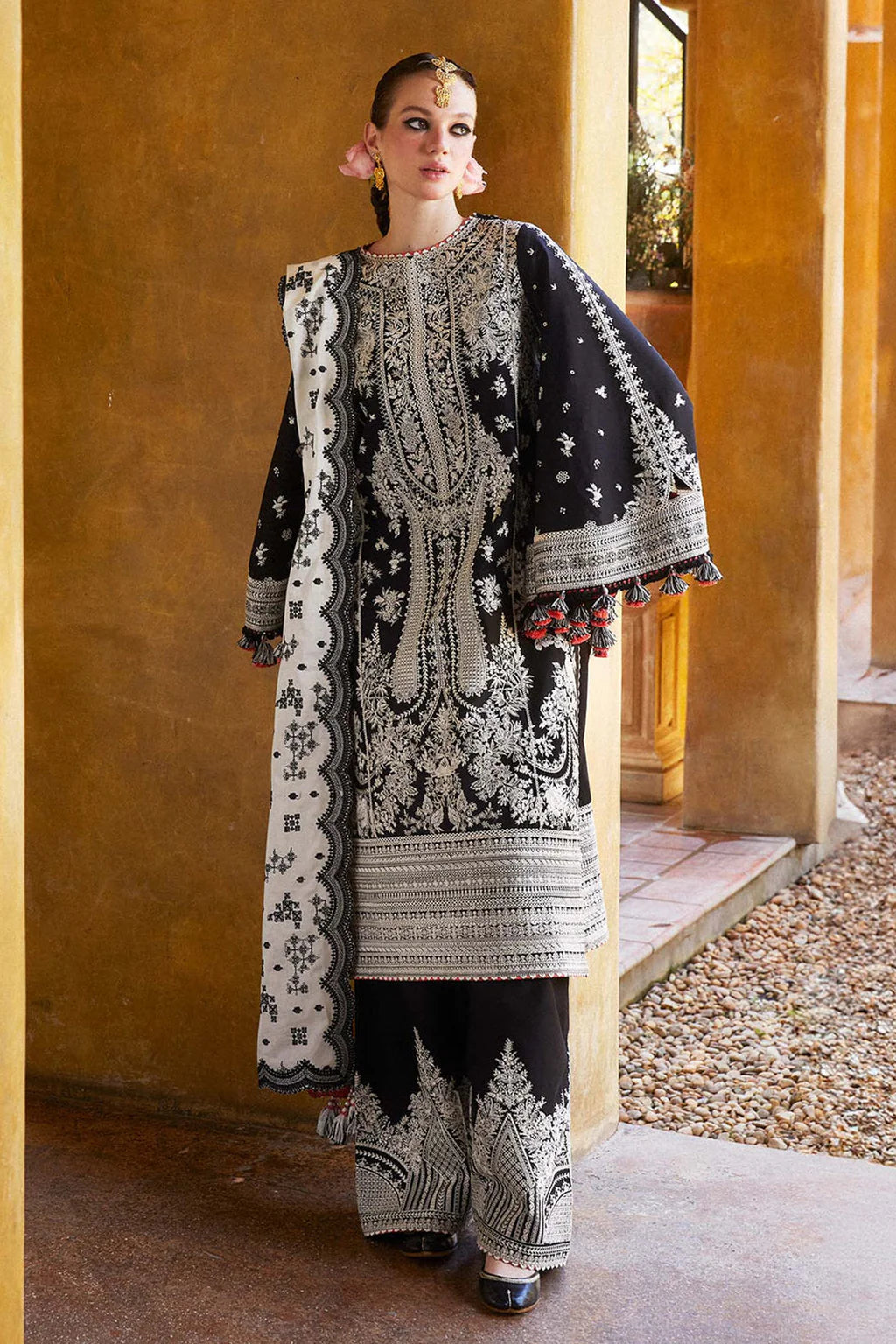3PC DHANAK EMBROIDERED SHIRT WITH wool prient DUPATTA AND EMB TROUSER sf019