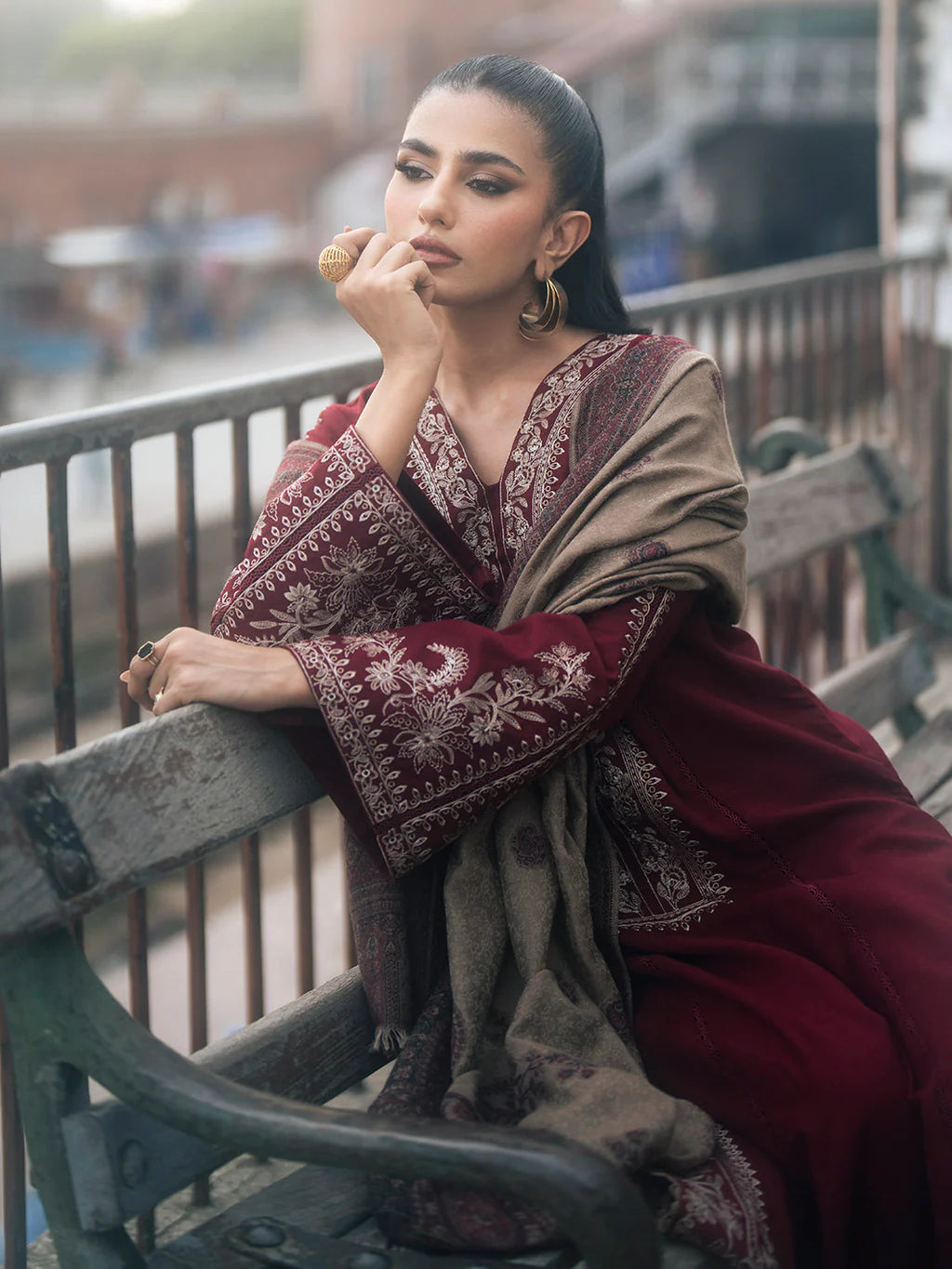 3PC DHANAK EMBROIDERED SHIRT WITH COUTRAI PRINTED SHAWL AND TROUSER-SF04