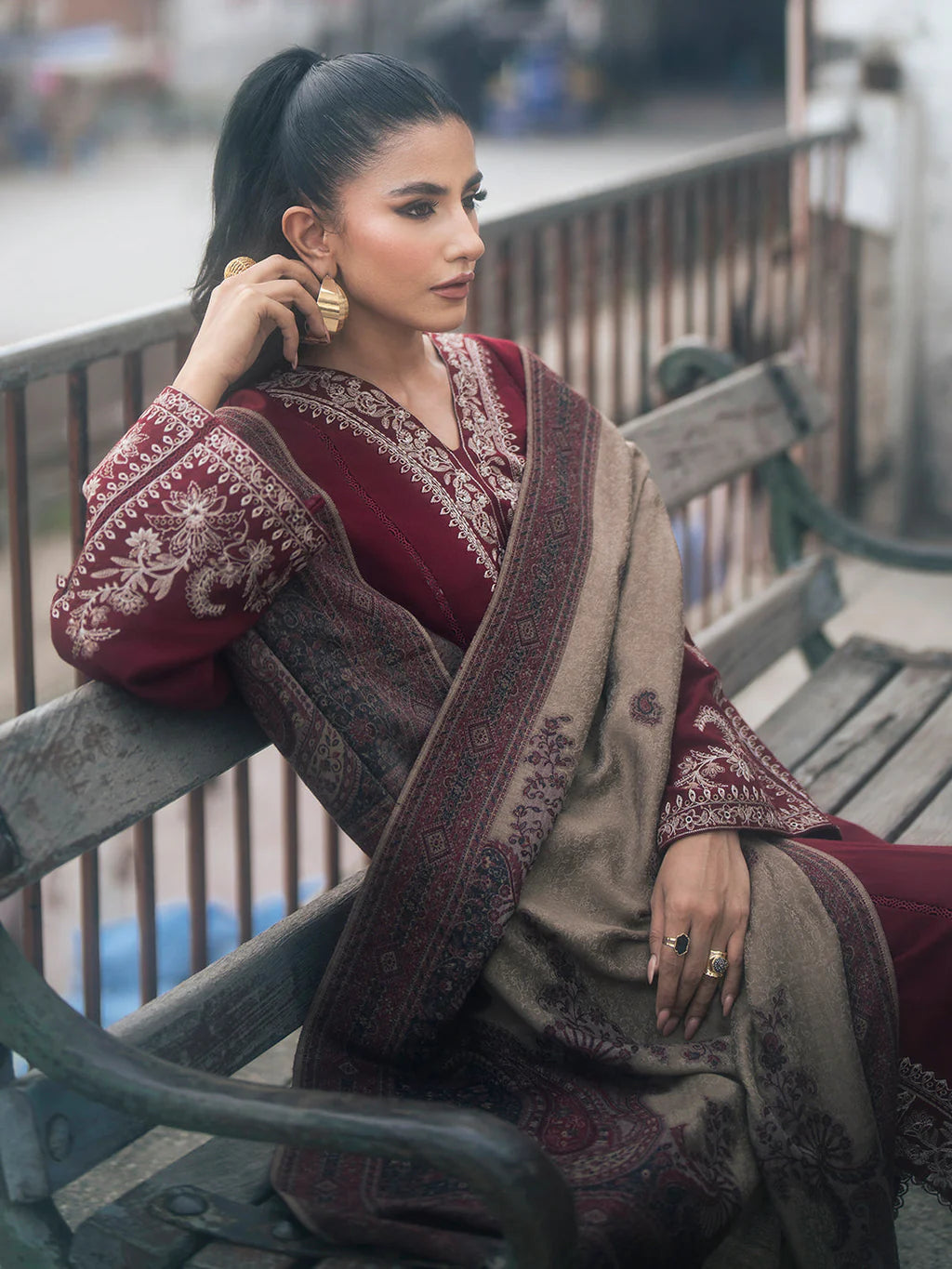 3PC DHANAK EMBROIDERED SHIRT WITH COUTRAI PRINTED SHAWL AND TROUSER-SF04