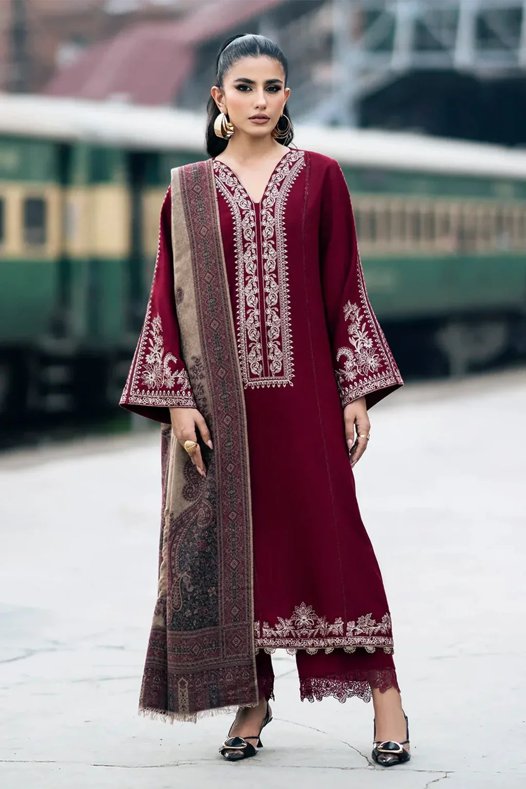 3PC DHANAK EMBROIDERED SHIRT WITH COUTRAI PRINTED SHAWL AND TROUSER-SF04