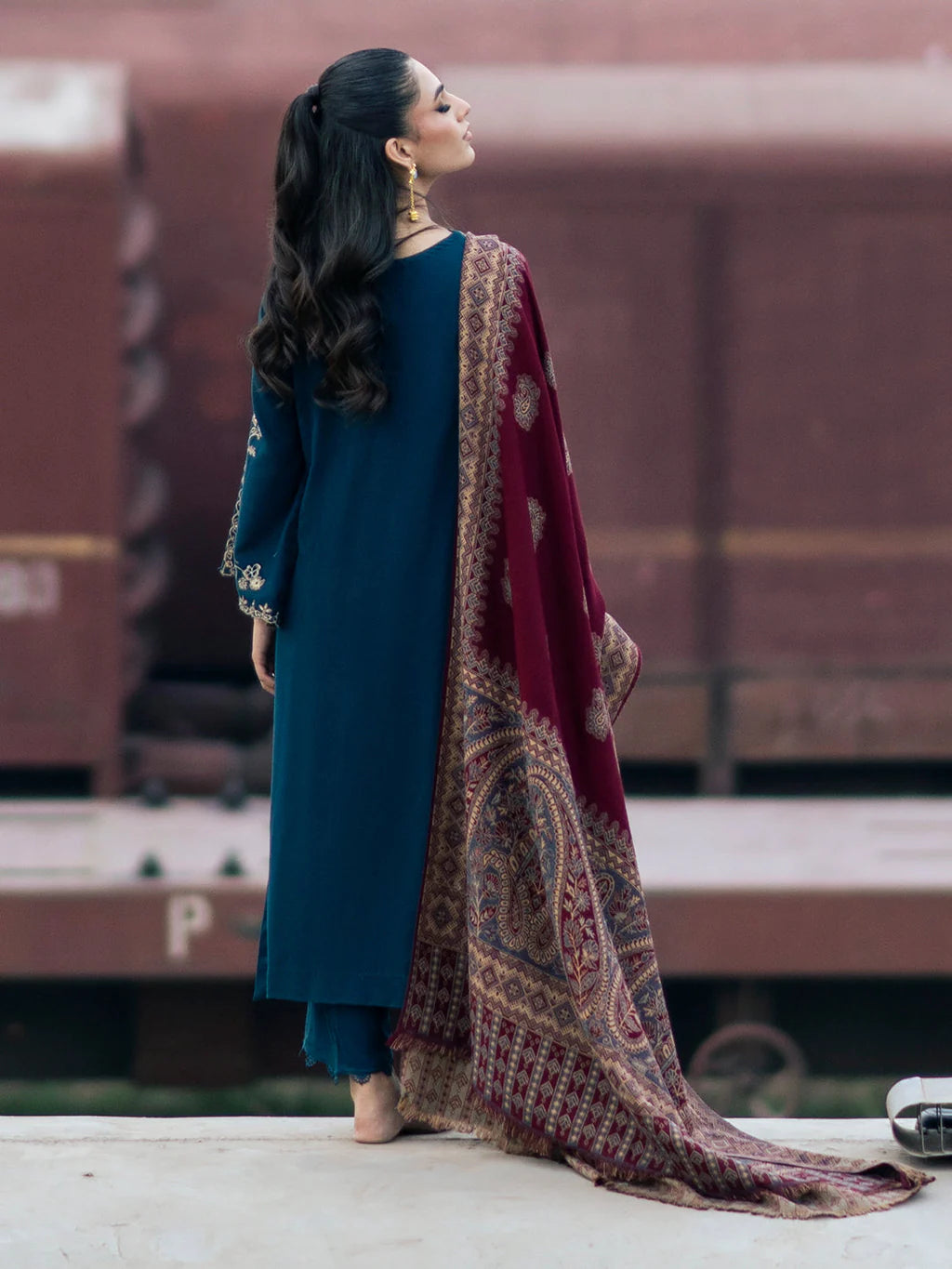 3PC DHANAK EMBROIDERED SHIRT WITH PRINTED SHAWL & TROUSER SFf016