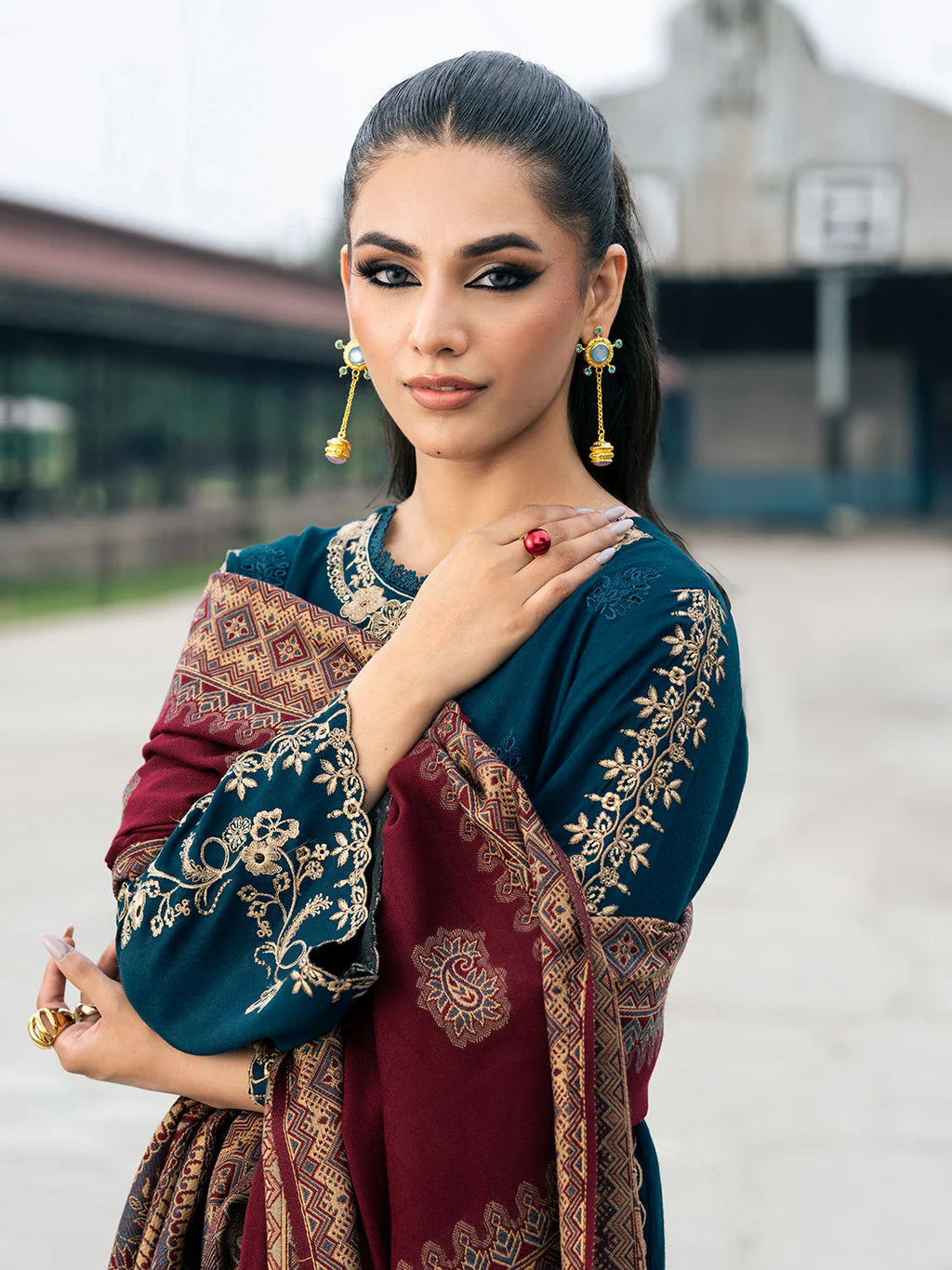 3PC DHANAK EMBROIDERED SHIRT WITH PRINTED SHAWL & TROUSER SFf016