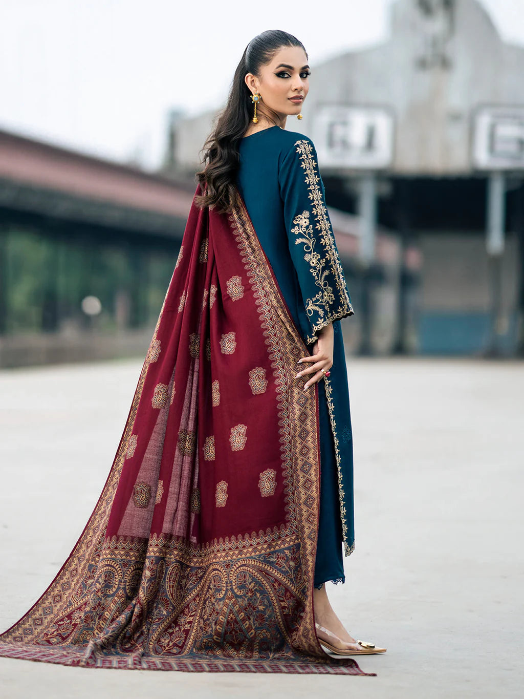 3PC DHANAK EMBROIDERED SHIRT WITH PRINTED SHAWL & TROUSER SFf016