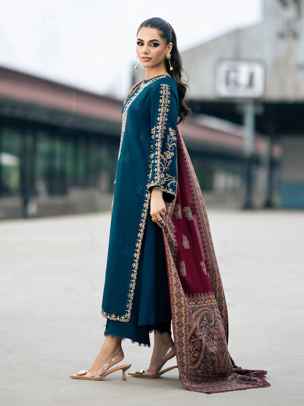 3PC DHANAK EMBROIDERED SHIRT WITH PRINTED SHAWL & TROUSER SFf016