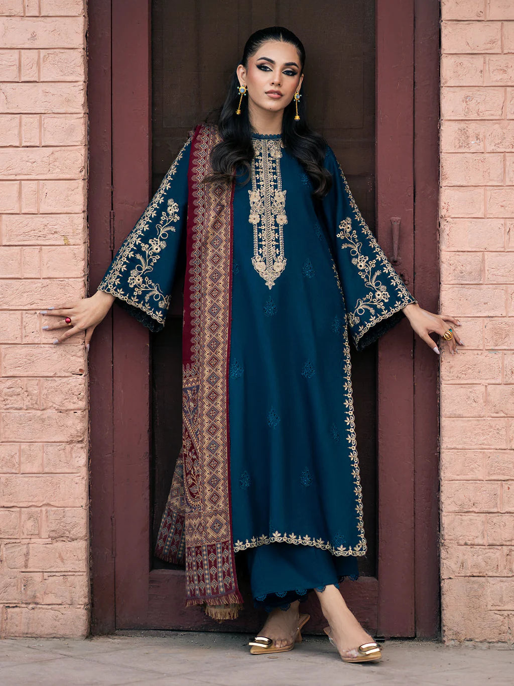 3PC DHANAK EMBROIDERED SHIRT WITH PRINTED SHAWL & TROUSER SFf016