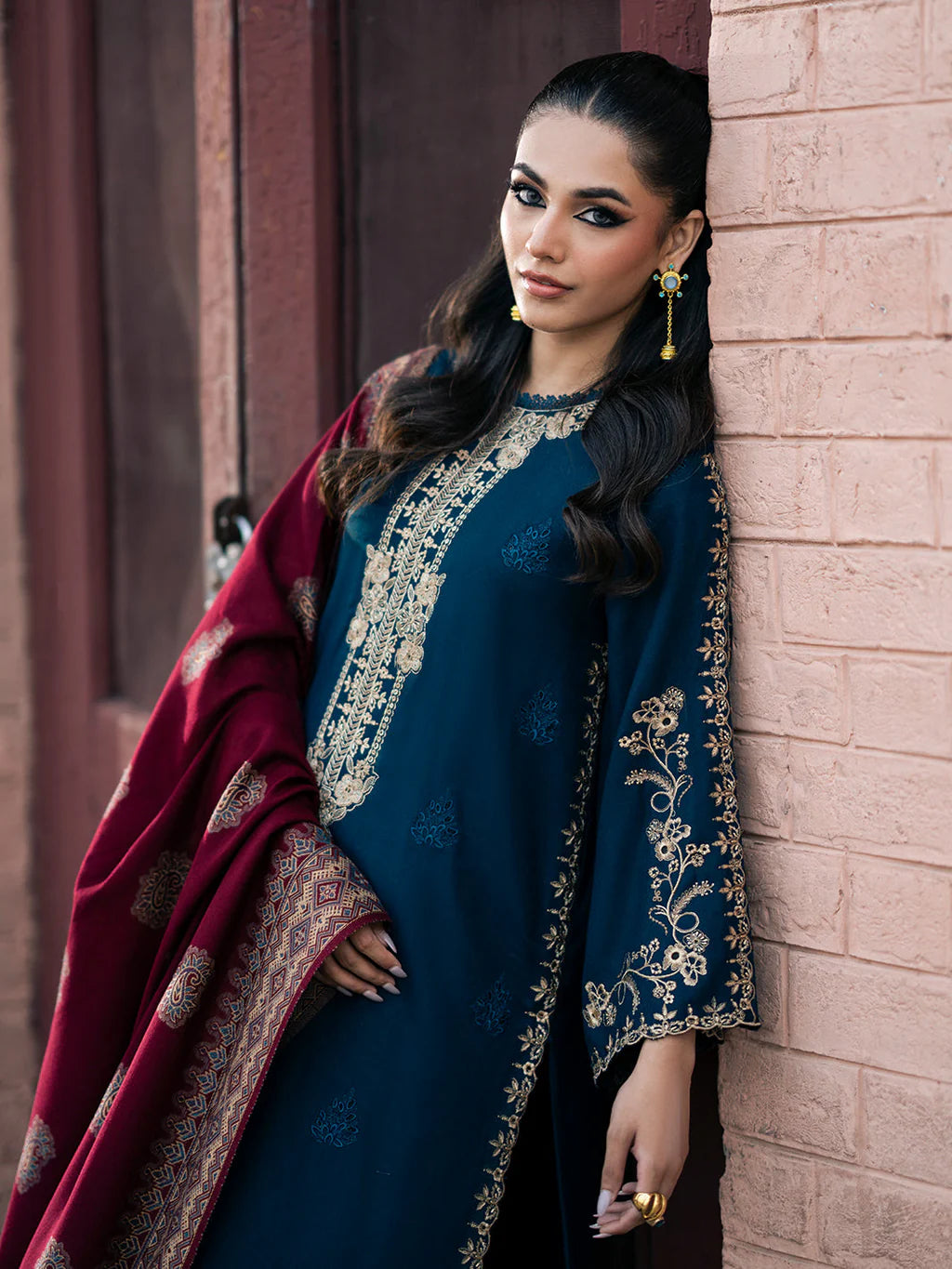 3PC DHANAK EMBROIDERED SHIRT WITH PRINTED SHAWL & TROUSER SFf016