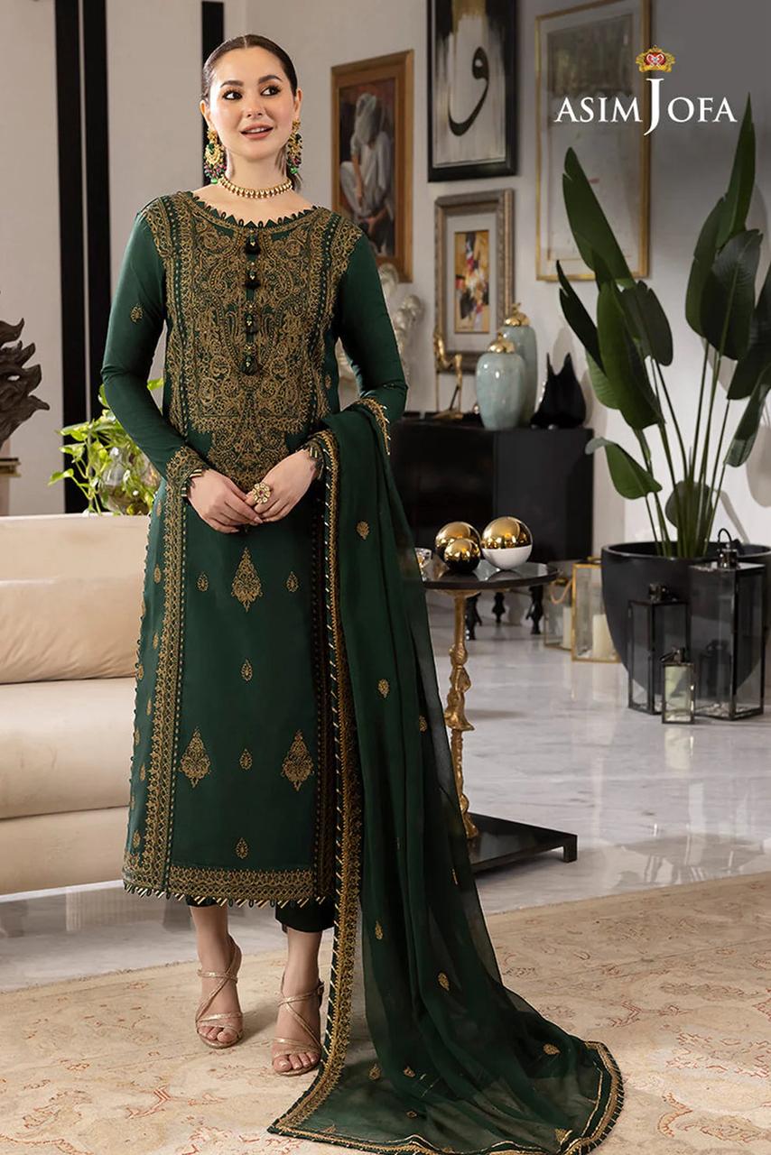 ASIM JOFA-3PC DHANAK SEQUIN EMBROIDRED SHIRT WITH wool DUPATTA AND TROUSER SF022
