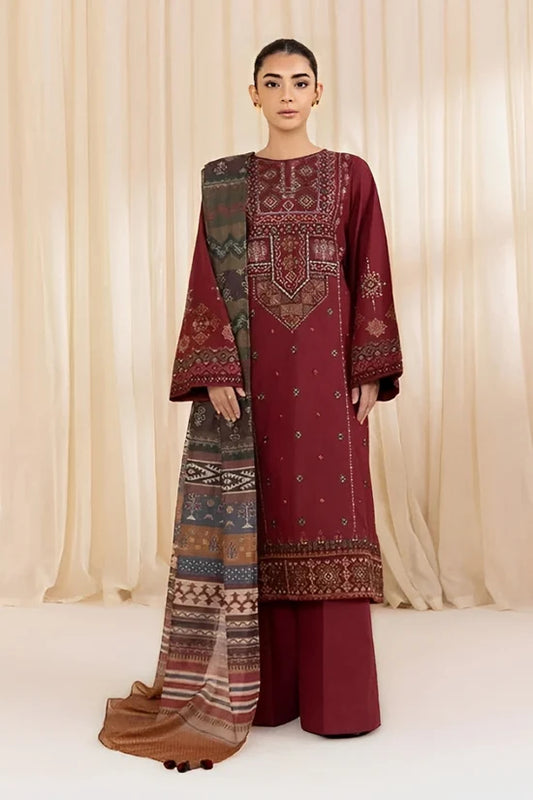 3PC DHANAK EMBROIDERED SHIRT WITH  PRINTED WOOL SHAWL AND TROUSER SF017
