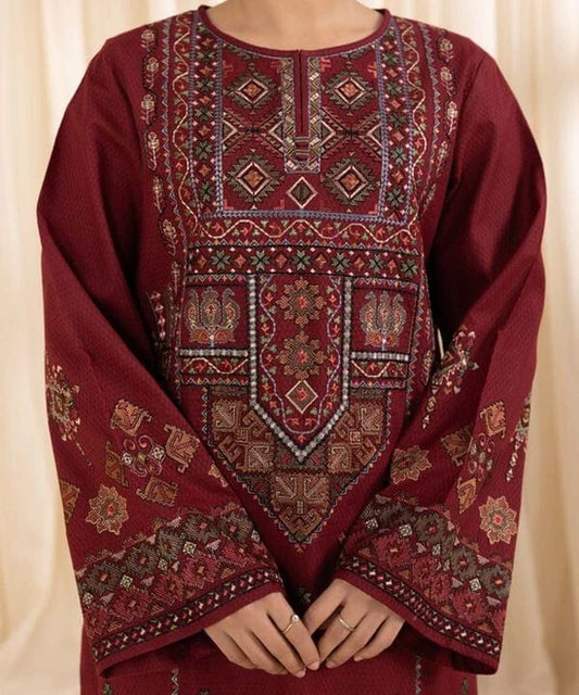 3PC DHANAK EMBROIDERED SHIRT WITH  PRINTED WOOL SHAWL AND TROUSER SF017
