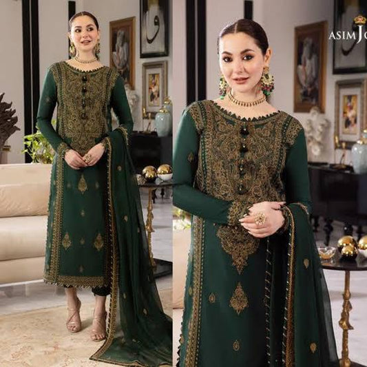 ASIM JOFA-3PC DHANAK SEQUIN EMBROIDRED SHIRT WITH wool DUPATTA AND TROUSER SF022