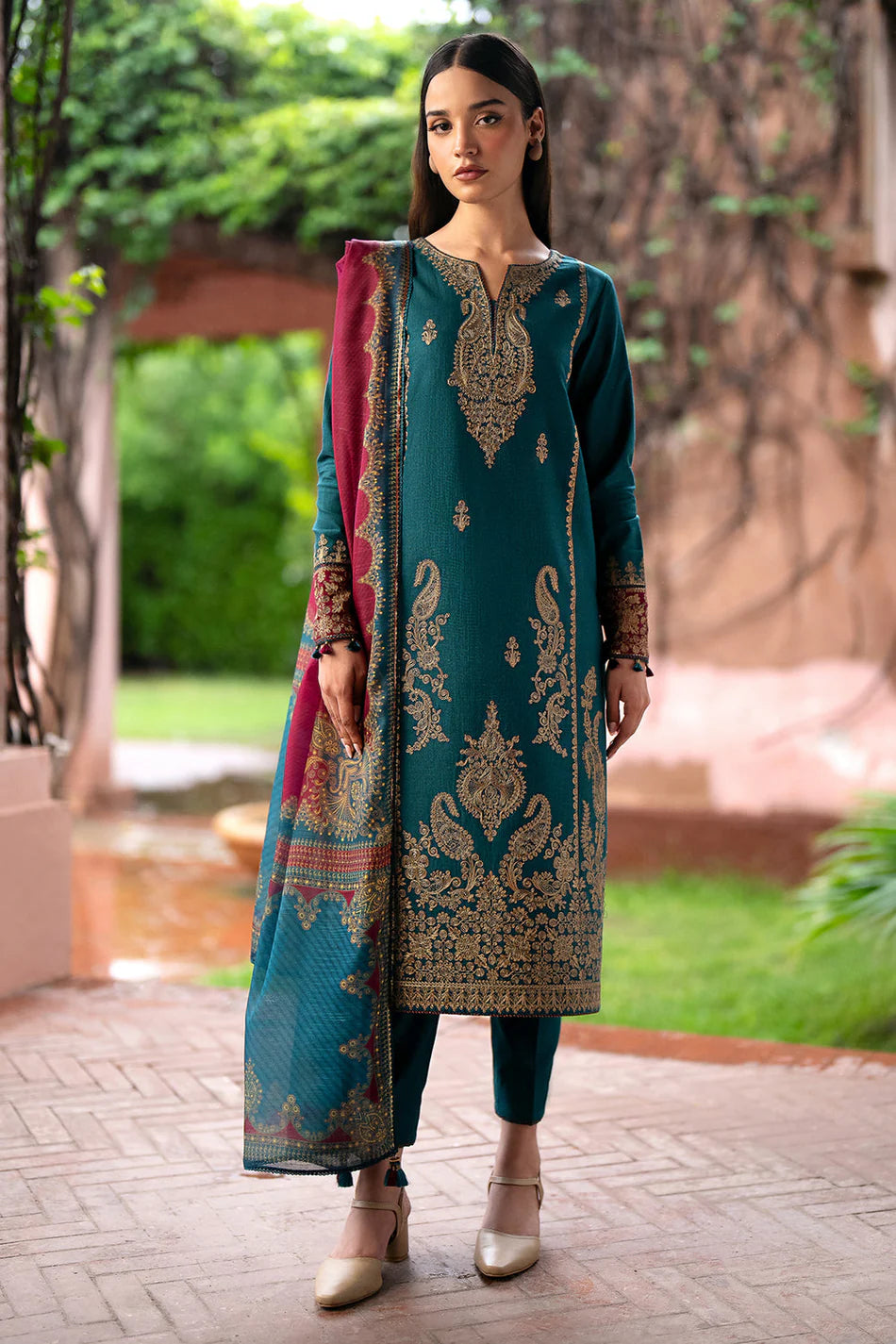 JAZMIN- 3PC DHANAK EMBROIDERED SHIRT WITH WOOL PRINT SHAWL AND TROUSER SF025