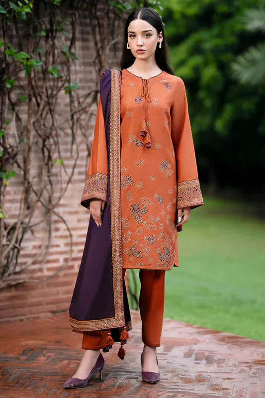 3PC DHANAK EMBROIDERED SHIRT WITH WOOL PRINT SHAWL AND TROUSER sf015