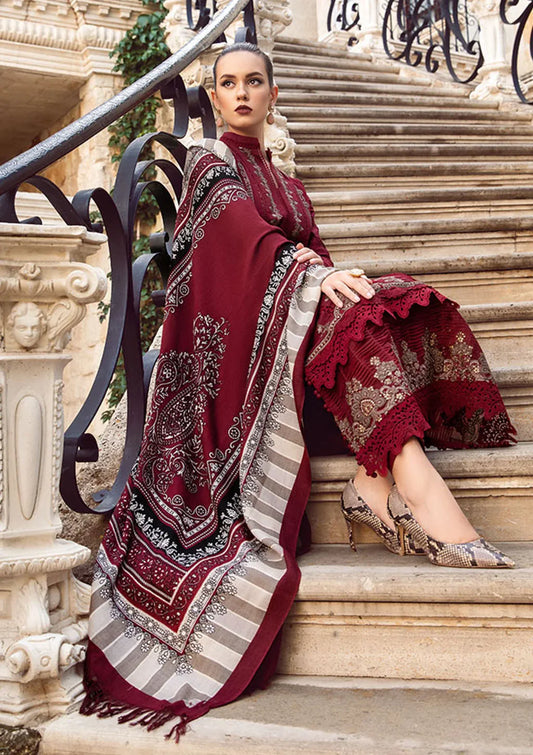 MARIA B - 3PC DHANAK EMBROIDERED SHIRT WITH WOOL PRINT SHAWL AND DHANAK TROUSER SF09