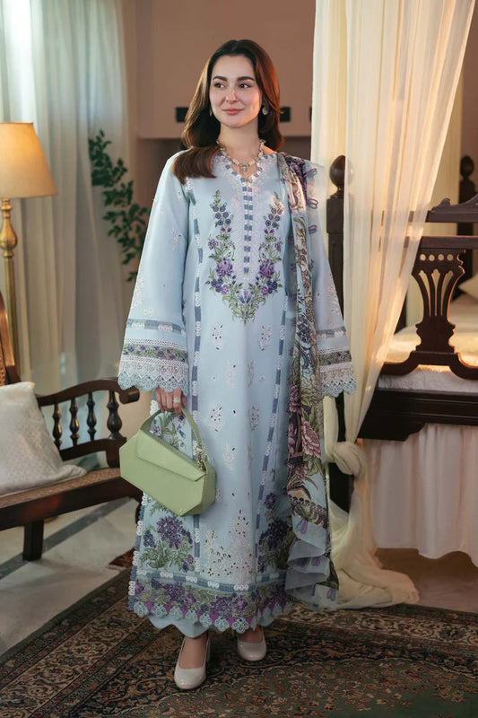 QALAMQAR-3PC DHANAK EMBROIDERED SHIRT WITH PRINTED SHAWL AND TROUSER-SF-02
