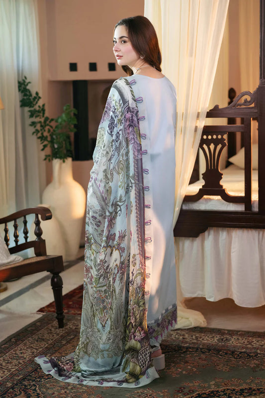 QALAMQAR-3PC DHANAK EMBROIDERED SHIRT WITH PRINTED SHAWL AND TROUSER-SF-02