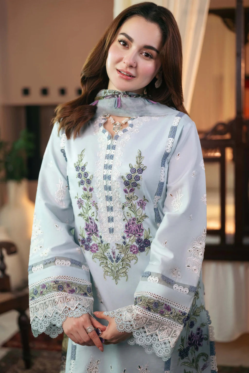 QALAMQAR-3PC DHANAK EMBROIDERED SHIRT WITH COURTRAI PRINTED SHAWL AND TROUSER