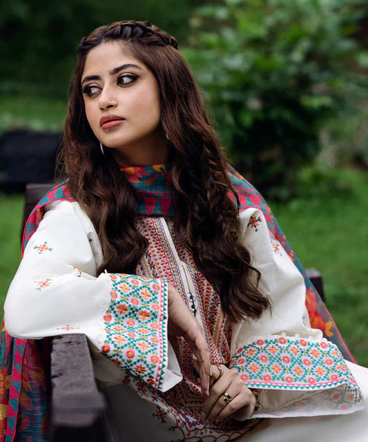 3PC DHANAK EMBROIDERED SHIRT WITH PRINTED WOOL SHAWL AND TROUSER SF08