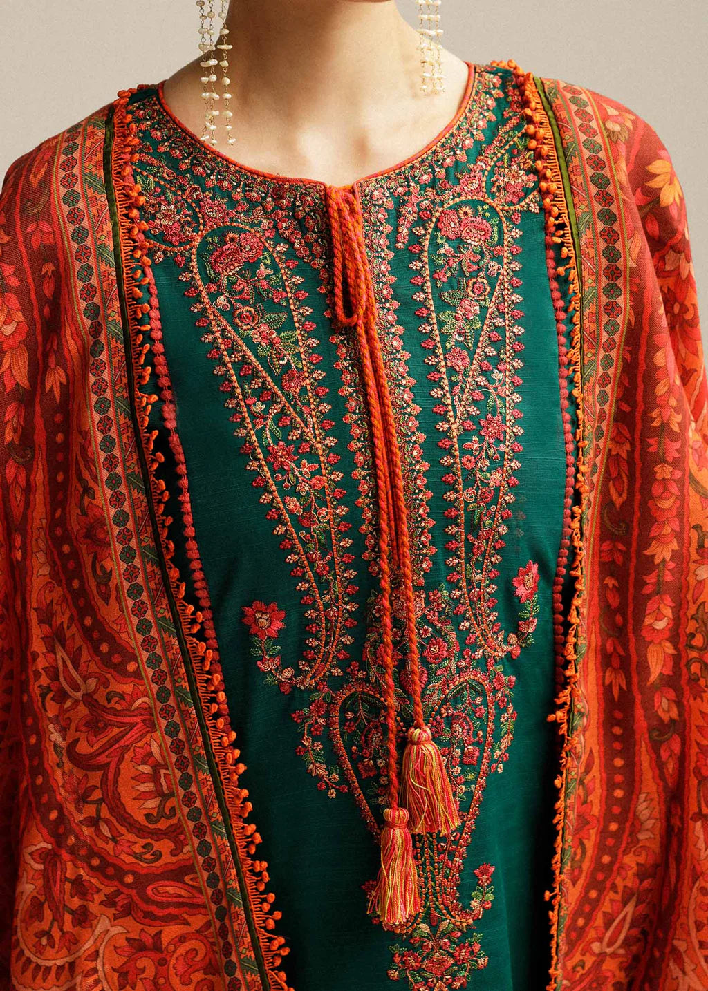 3PC DHANAK EMBROIDERED SHIRT WITH COURTRAI PRINTED SHAWL AND TROUSER