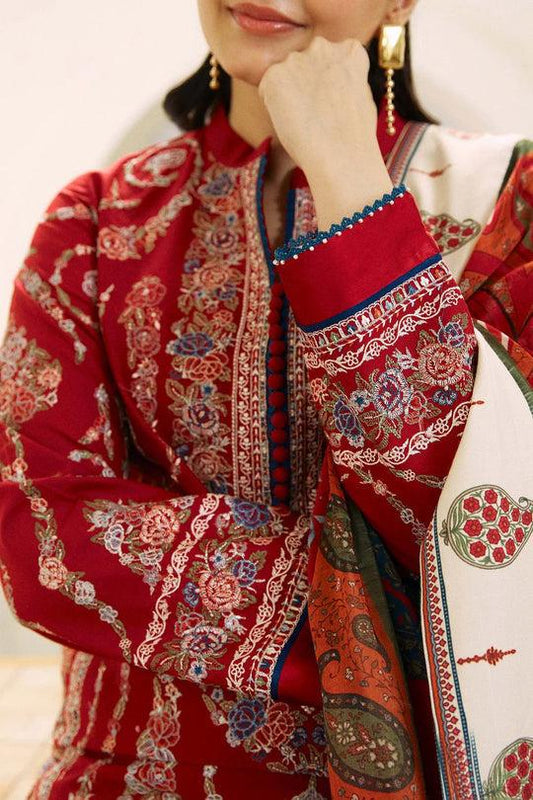 ZAHRA SHAHJAHAN- 3PC DHANAK EMBROIDERED SHIRT WITH COURTRAI PRINT SHAWL AND EMB TROUSER-SF023-