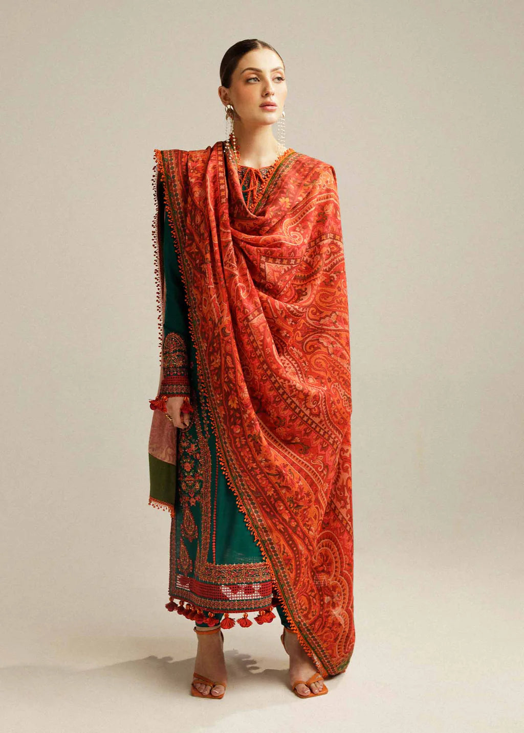 3PC DHANAK EMBROIDERED SHIRT WITH COURTRAI PRINTED SHAWL AND TROUSER