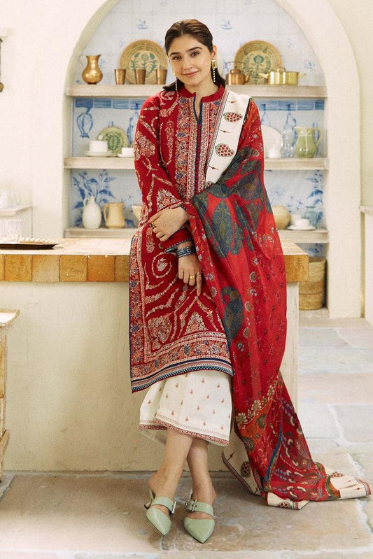 ZAHRA SHAHJAHAN- 3PC DHANAK EMBROIDERED SHIRT WITH COURTRAI PRINT SHAWL AND EMB TROUSER-SF023-