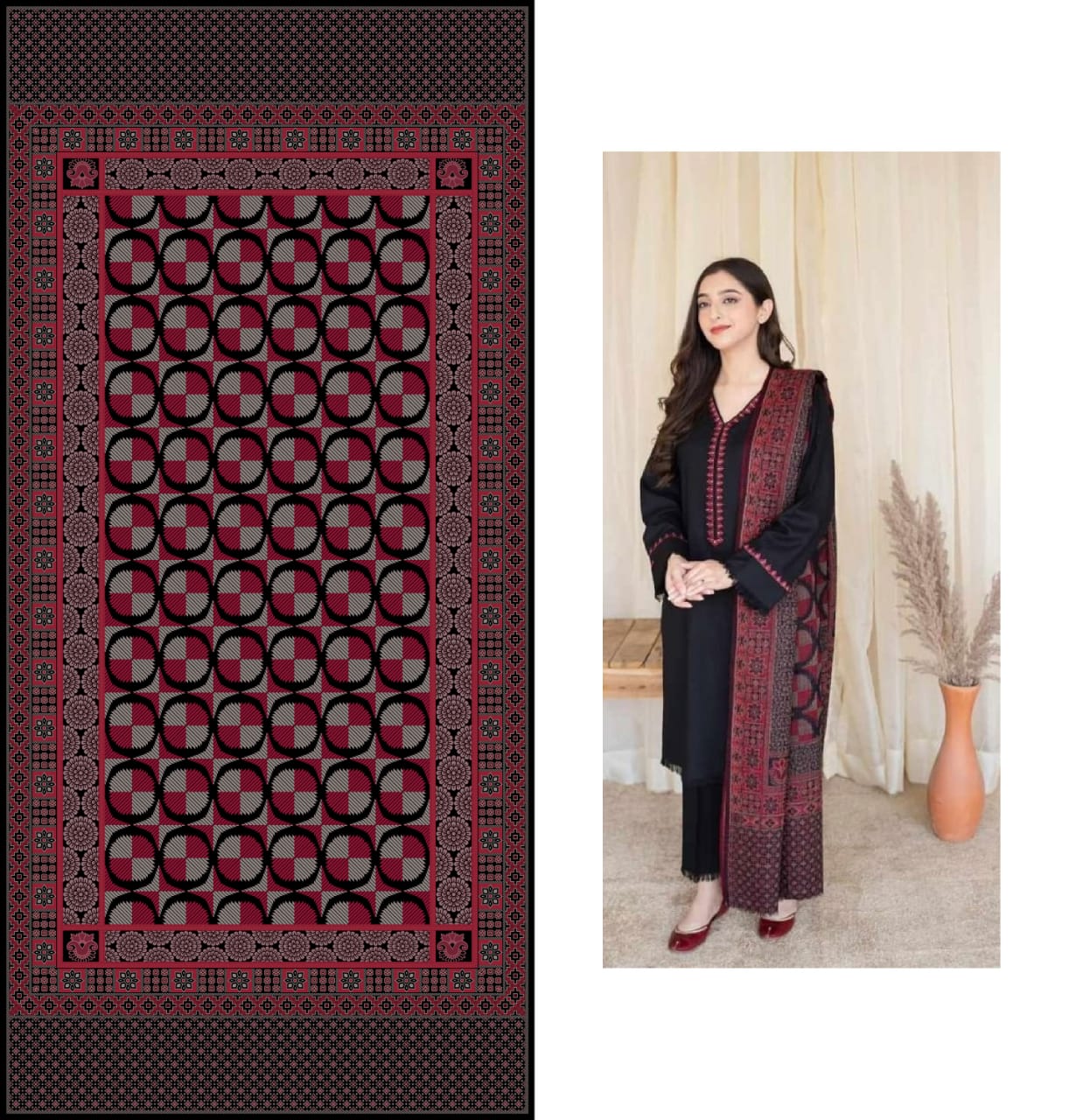 Asline 446 Black Dhanak Embroidered With  Woolen Duppata