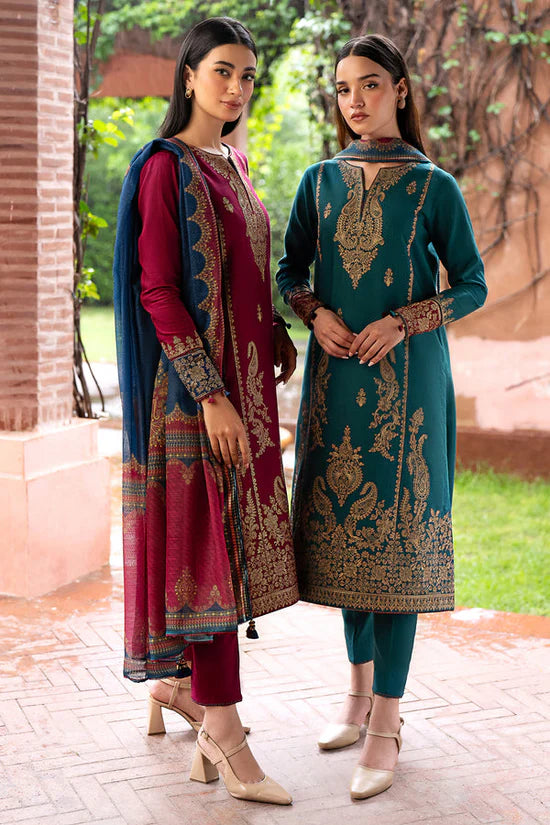 JAZMIN- 3PC DHANAK EMBROIDERED SHIRT WITH WOOL PRINT SHAWL AND TROUSER SF025
