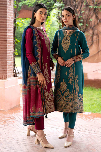 JAZMIN- 3PC DHANAK EMBROIDERED SHIRT WITH WOOL PRINT SHAWL AND TROUSER SF025