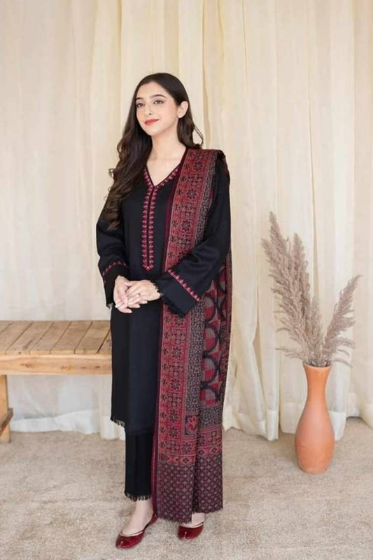 Asline 446 Black Dhanak Embroidered With  Woolen Duppata