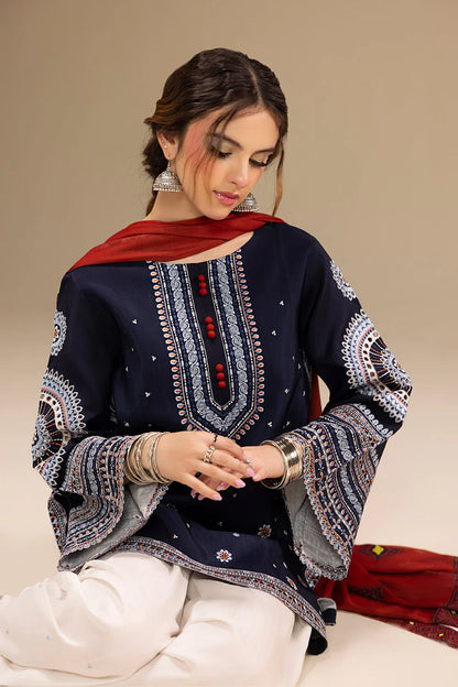 JAZMIN-3PC DHANAK EMBROIDERED SHIRT WITH  WOOL PRINTED SHAWL AND EMB TROUSER SF011
