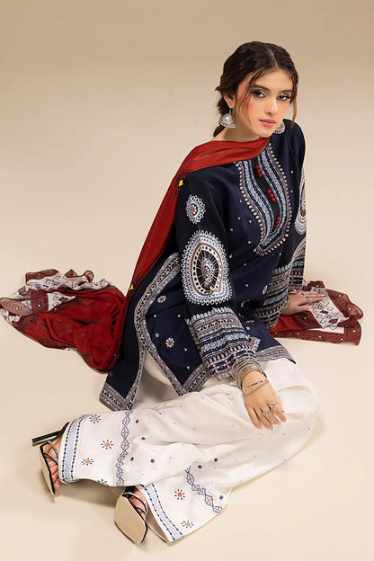 JAZMIN-3PC DHANAK EMBROIDERED SHIRT WITH  WOOL PRINTED SHAWL AND EMB TROUSER SF011