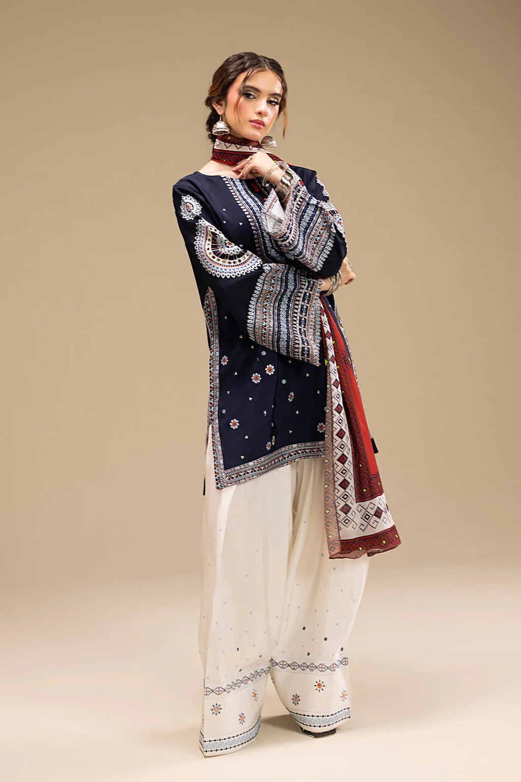 JAZMIN-3PC DHANAK EMBROIDERED SHIRT WITH  WOOL PRINTED SHAWL AND EMB TROUSER SF011
