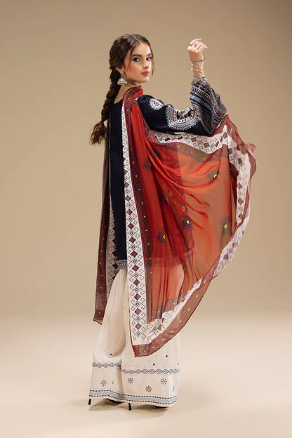JAZMIN-3PC DHANAK EMBROIDERED SHIRT WITH  WOOL PRINTED SHAWL AND EMB TROUSER SF011