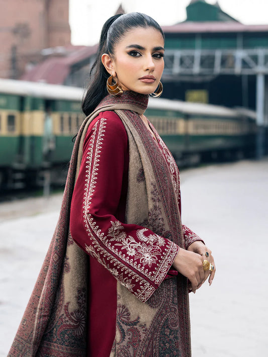 3PC DHANAK EMBROIDERED SHIRT WITH COUTRAI PRINTED SHAWL AND TROUSER-SF04