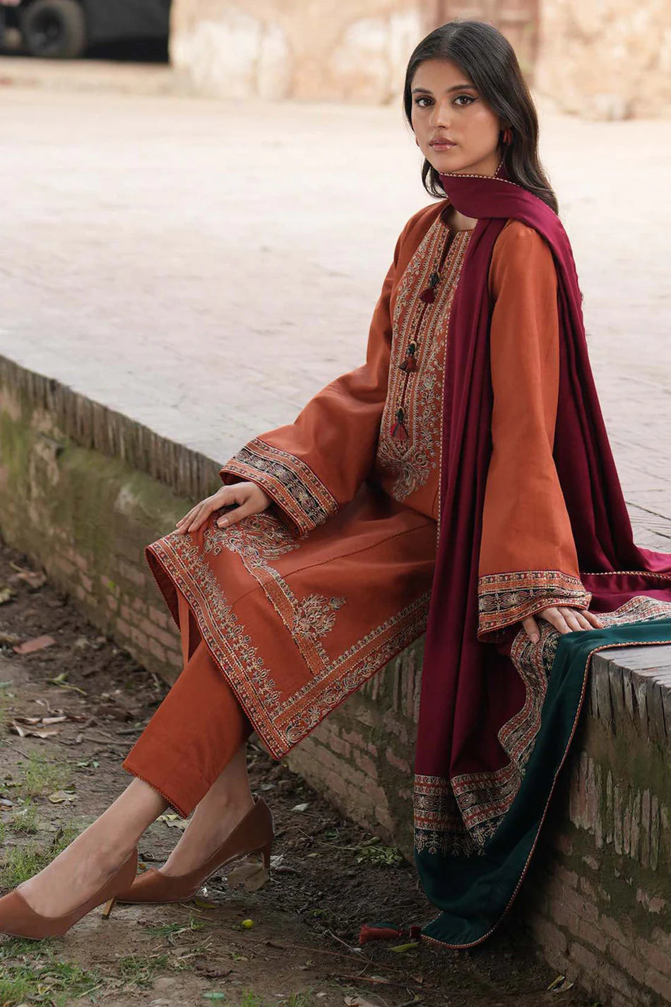 JAZMIN-3PC DHANAK EMBROIDERED SHIRT WITH COURTRAI PRINTED SHAWL AND TROUSER  SF024