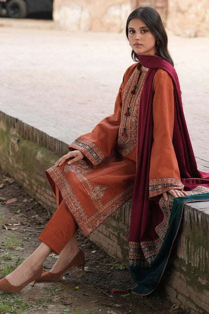 JAZMIN-3PC DHANAK EMBROIDERED SHIRT WITH COURTRAI PRINTED SHAWL AND TROUSER  SF024