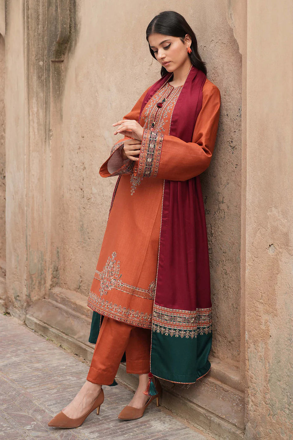 JAZMIN-3PC DHANAK EMBROIDERED SHIRT WITH COURTRAI PRINTED SHAWL AND TROUSER  SF024