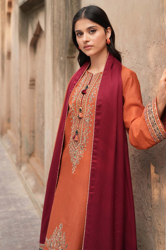 JAZMIN-3PC DHANAK EMBROIDERED SHIRT WITH COURTRAI PRINTED SHAWL AND TROUSER  SF024