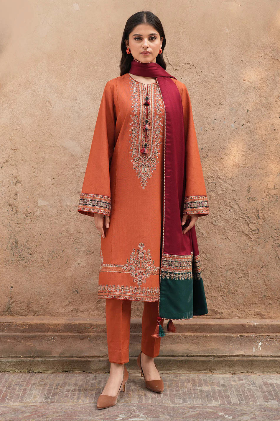 JAZMIN-3PC DHANAK EMBROIDERED SHIRT WITH COURTRAI PRINTED SHAWL AND TROUSER  SF024
