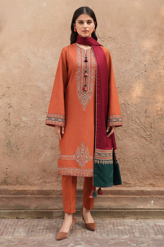 JAZMIN-3PC DHANAK EMBROIDERED SHIRT WITH COURTRAI PRINTED SHAWL AND TROUSER  SF024